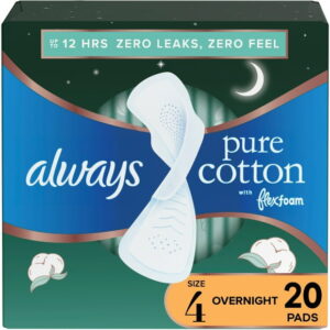 Always Pure Cotton with FlexFoam Pads, Size 4, Overnight, with Wings, Unscented., 20 Count
