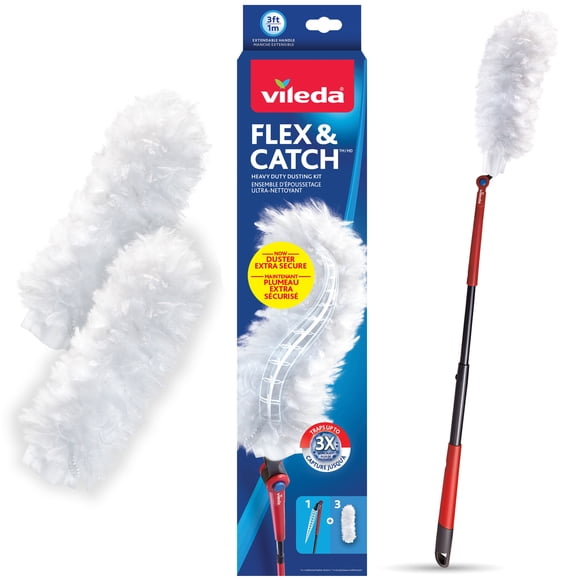 Vileda Flex & Catch Heavy Duty Duster for Cleaning, 3 ft. Handle Plus 3 Refills, Heavy Duty Dusting Kit