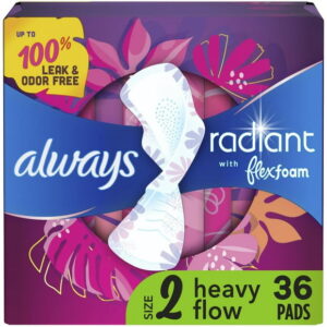 Always Radiant Feminine Pads for Women, Size 2 Heavy, with Wings, Light Clean Scent, 36CT