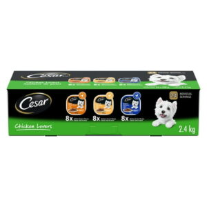 CESAR Classic Loaf in Sauce Wet Dog Food Chicken Lovers Variety Pack, 8 Grilled Chicken Flavour, 8 Chicken & Liver Recipe, 8 Chicken & Veal Recipe 24x100g trays, 24x100g