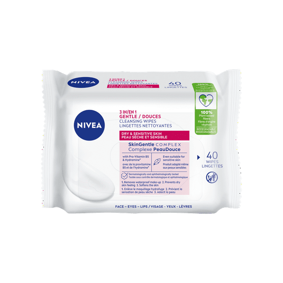 NIVEA 3-in-1 Gentle Face Cleansing Wipes Dry and Sensitive Skin, 40 Wipes