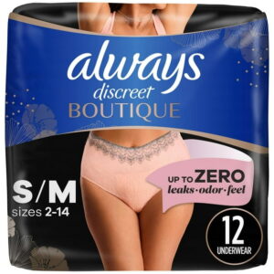 Always Discreet Boutique Incontinence and Postpartum Underwear for Women, Maximum Protection, S/M, Rosy, 12CT