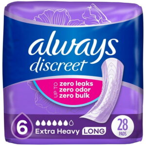 Always Discreet Adult Incontinence Pads for Women, Extra Heavy Absorbency, Long Length, Postpartum Pads, 28CT