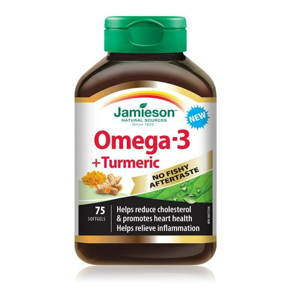 Jamieson No-Fishy-Aftertaste Omega-3 with Turmeric Softgels, 500 mg, 75 Count, 75 softgels