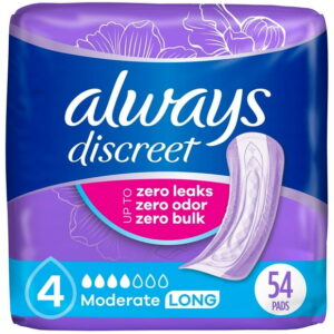 Always Discreet Adult Incontinence Pads for Women, Moderate Absorbency, Long Length, Postpartum Pads, 54CT