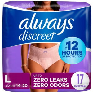 Always Discreet Adult Incontinence Underwear for Women and Postpartum Underwear, L, Up to 100% Bladder Leak Protection, 17CT