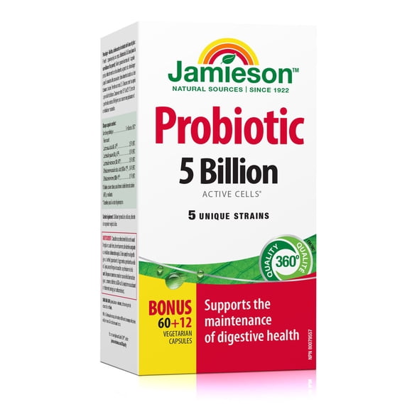 Jamieson Probiotic Capsules, 5 Billion CFU, Vegetarian, 72 Count, 72 Vegetarian Capsules