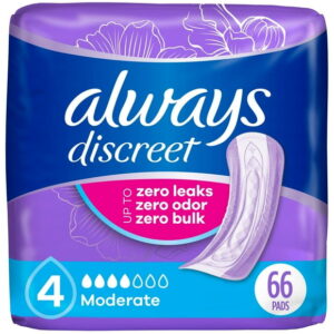 Always Discreet Adult Incontinence Pads for Women, Moderate Absorbency, Regular Length, Postpartum Pads, 66CT