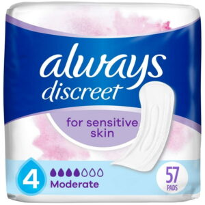 Always Discreet Incontinence Pads for Women with Bladder Leaks, Sensitive Skin Pads Moderate Absorbency, Regular Length, 57CT