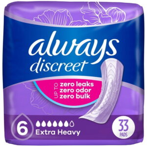Always Discreet Adult Incontinence Pads for Women, Extra Heavy Absorbency, Regular Length, Postpartum Pads, 33CT
