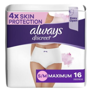 Always Discreet for Sensitive Skin Underwear, Four Times Skin Protection, Dermatologically Tested, Fragrance-Free, Maximum Absorbency S/M