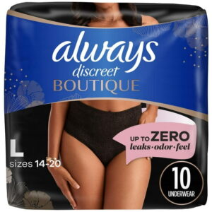 Always Discreet Boutique Incontinence and Postpartum Underwear for Women, Maximum Protection, L, Black, 10CT