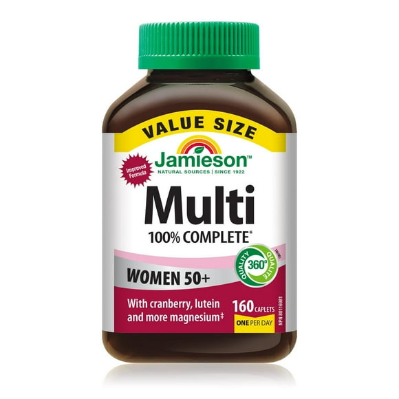Jamieson 100% Complete Multivitamin For Women 50+, with Cranberry, Lutein, and More Magnesium. Supports Immunity, Energy, Overall Health, Eye Support, and Bone Health, Gluten-Free, One Per Day, 160 Caplets, 160 Caplets