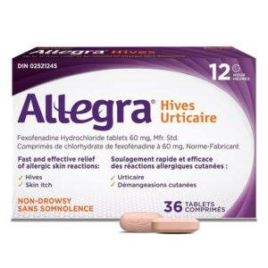 Allegra Hives, 12-Hour Itchy Skin Relief Due to Hives, Allergic Skin Reactions, Non-Drowsy Allergy Medication, 60 mg Fexofenadine Hydrochloride Antihistamine, Adults and Kids, 12 and Older, 36 Tablets, 36 Tablets