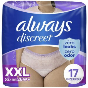 Always Discreet Adult Incontinence Underwear for Women and Postpartum Underwear, XXL, Up to 100% Bladder Leak Protection, 17 CT, 17CT
