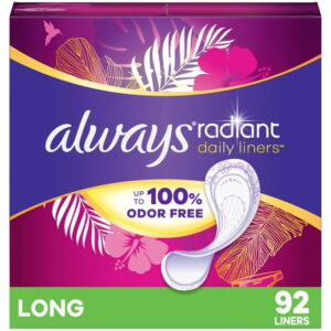 Always Radiant Daily Liners Light Absorbency, Long Length, Up to 100% Odor Free and Fragrance Free, with Edge-2-Edge Adhesive