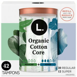 L. Cotton Tampons Regular/Super Absorbency Multipack, Free from Chlorine Bleaching, Pesticides, Fragrances, or Dyes, 42CT