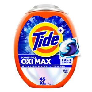 Tide Oxi Max Power PODS Laundry Detergent Pods, Stain Remover Plus Oxi Power, Detergent soap pacs for laundry washing, HE compatible, 45 Count