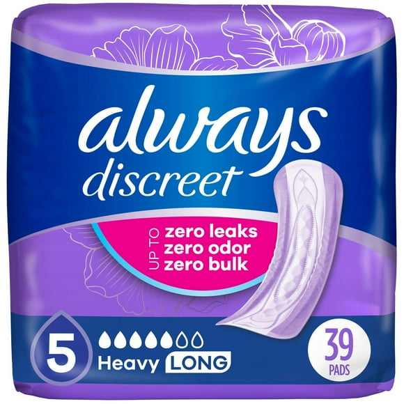 Always Discreet Adult Incontinence Pads for Women, Heavy Absorbency, Long Length, Postpartum Pads, 39CT