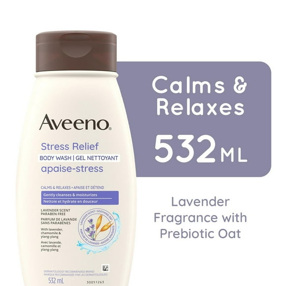 Aveeno Stress Relief Body Wash with Prebiotic Oat & Lavender Scent for Sensitive Skin, Shower Wash Gently Cleanses & Helps You Feel Calm & Relaxed, Sulfate-Free, 532 mL