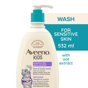 Aveeno Kids Face & Body Wash, Hypoallergenic, 2 in 1 Cleanser, Oat Formula, Sensitive Skin, Kids Shower Gel, 532 mL