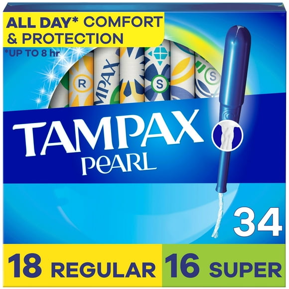 Tampax Pearl Tampons Multipack, with LeakGuard Braid, Regular/Super Absorbency, Unscented, 34CT