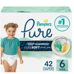 Pampers Pure Baby Diapers, Size 6 (35+ lbs), 42, Up to 100% Leakproof, Premium Hypoallergenic Soft Diapers, 42 Count