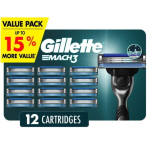 Gillette Mach3 Razor Blade Refills Razor Cartridges, Razor Refills for Men With Lubrication Strip, 3-Blade Razor Blades for Close Shave, 12 Count