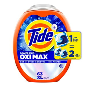 Tide Oxi Max Power PODS Laundry Detergent Pods, Stain Remover Plus Oxi Power, Detergent soap pacs for laundry washing, HE compatible, 63 Count