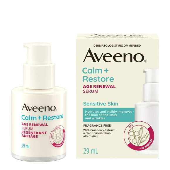 Aveeno® Calm + Restore Age Renewal Serum, Niacinamide, Oat, Cranberry, Retinol Alternative, Anti-aging, Gentle on Sensitive Skin, Hypoallergenic, Fragrance-Free, 29 mL