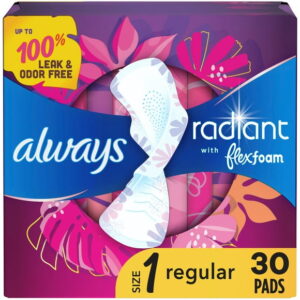 Always Radiant Feminine Pads for Women, Size 1 Regular, with Wings, Light Clean Scent, 30CT