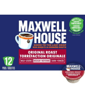 Maxwell House Original Roast Coffee 100% Compostable K Cup Coffee Pods, 12 Pods, Medium, 114g