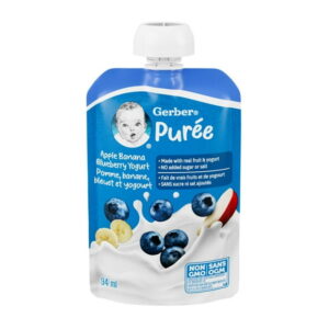 GERBER Apple Banana Blueberry Yogurt Purée, Made With Real Fruit and Yogurt, For Babies & Toddlers, No Added Sugar or Salt, Non-GMO, Resealable Pouch, 94mL