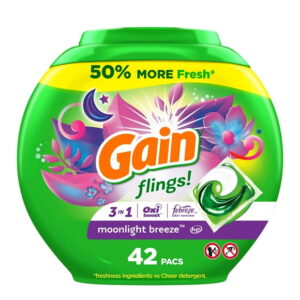 Gain Flings Laundry Detergent Pacs, Moonlight Breeze Scent, with Odour Defense, concentrated laundry soap pacs, 42 Count