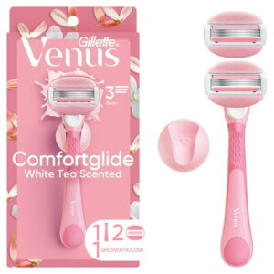 Venus Comfortglide Women's Razor White Tea Scented with Reusable Razor Handle, 2 Razor Blade Refills and Shower Holder, 1 Count