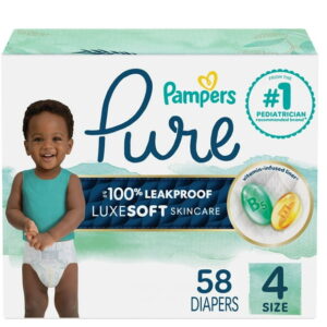 Pampers Pure Baby Diapers, Size 4 (22-37 lbs), 58, Up to 100% Leakproof, Premium Hypoallergenic Soft Diapers, 58 Count