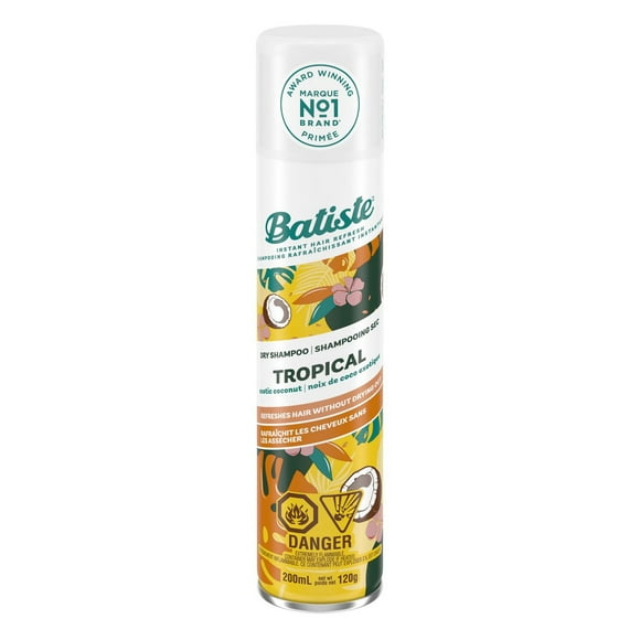 Batiste Dry Shampoo with Tropical Scent 200ml, Fragrance with Hints of Coconut, Jasmine, and Peach to Leave Hair Smelling Great, Instantly Refreshes and Absorbs Grease, 200 mL, Instant Hair Refresh