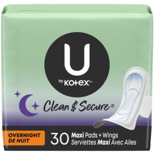 U by Kotex Clean & Secure Overnight Maxi Pads with Wings, 30 Count, UBK PAD 30