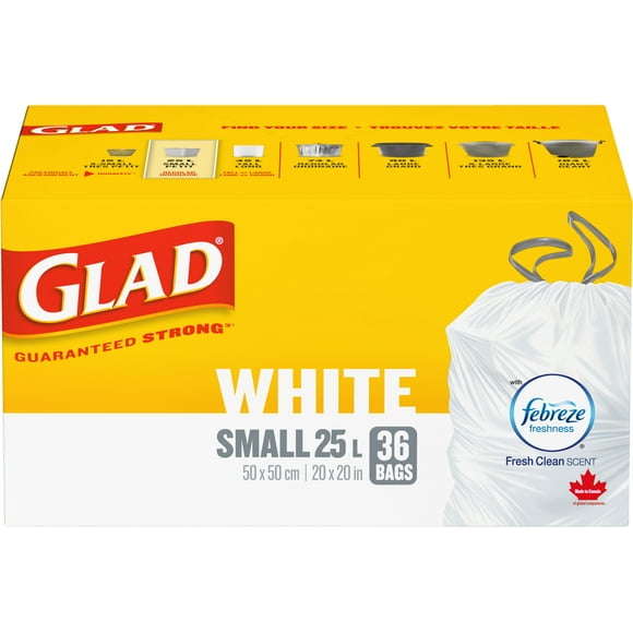 Glad White Garbage Bags - Small 25 Litres - ForceFlex Drawstring, Febreze Fresh Clean Scent,, 36 Bags